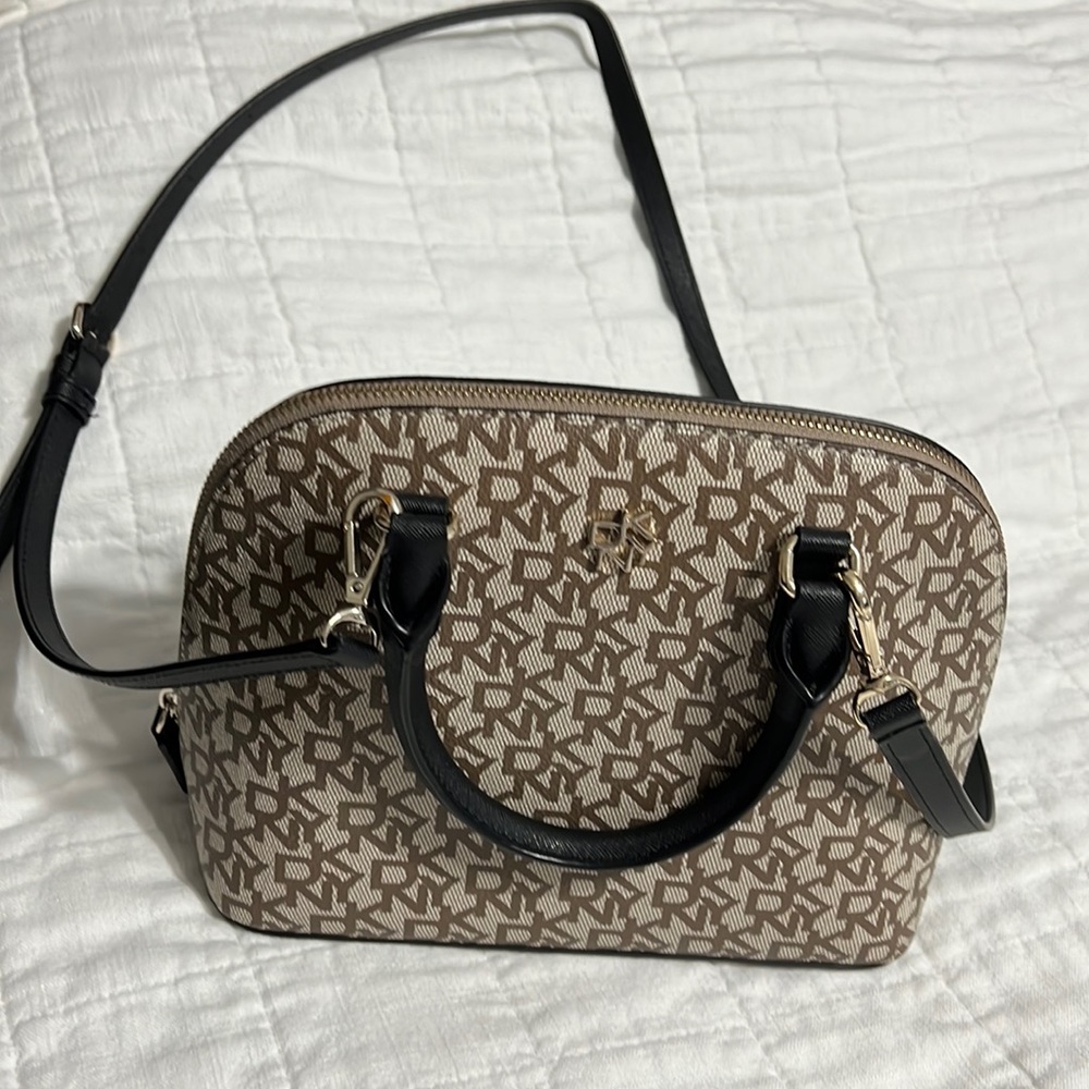 NEW!DKNY Catherine Dome Satchel Brown Black Monogram Logo Shoulder/Crossbody Bag
